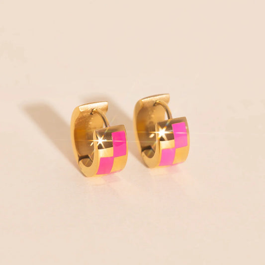 pink block chunky hoop earrings | gold