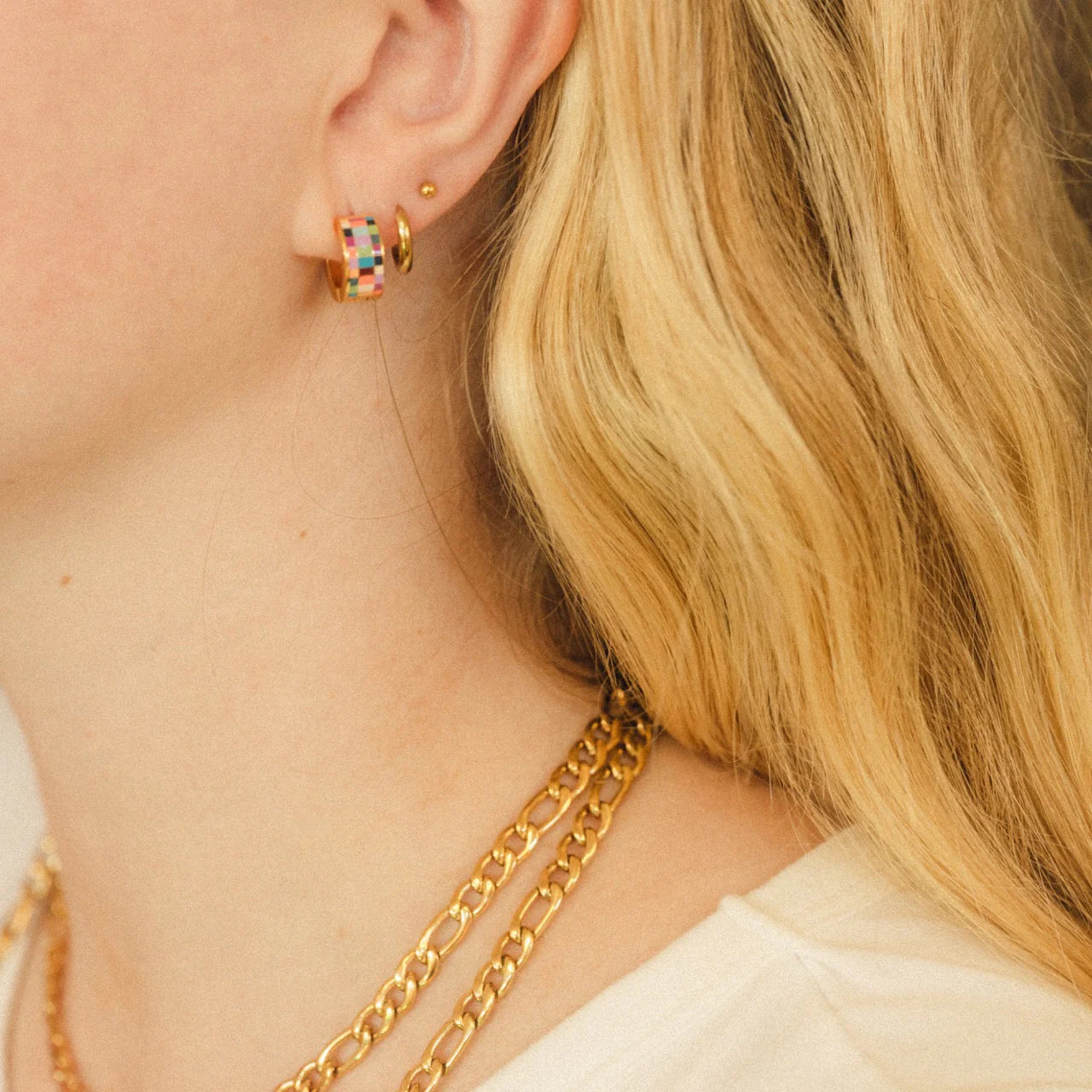rainbow checkered chunky hoop earrings | silver