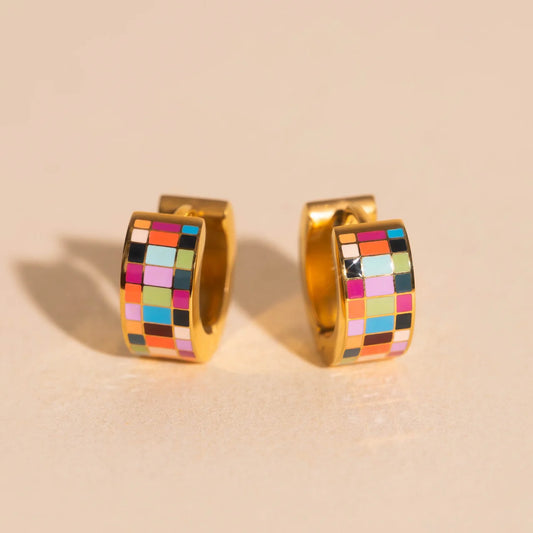 rainbow checkered chunky hoop earrings | gold