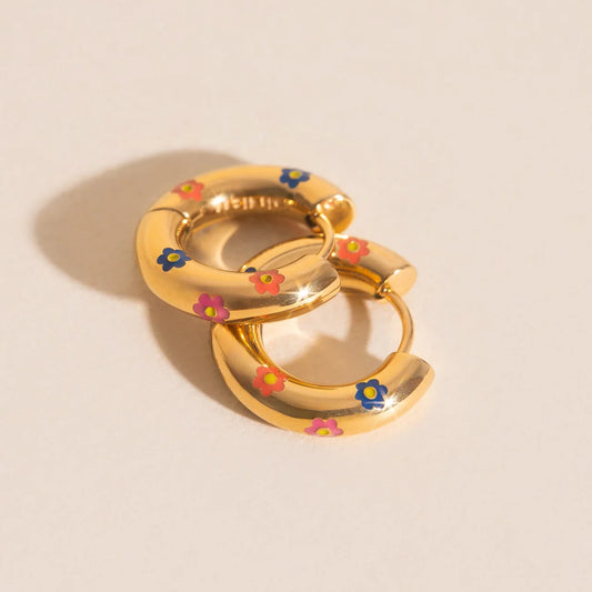 rainbow daisy chunky rounded hoop earrings | gold