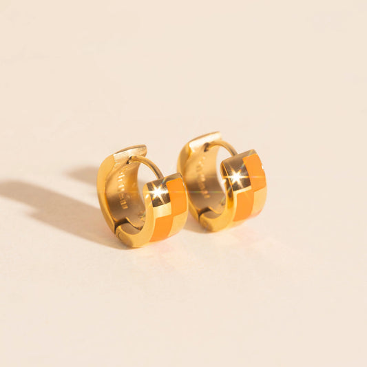 orange block chunky hoop earrings | gold