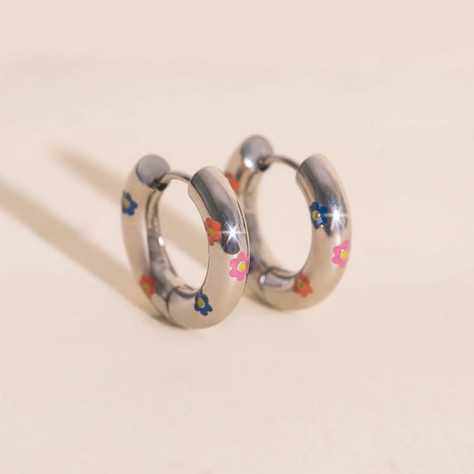 rainbow daisy chunky rounded hoop earrings | silver