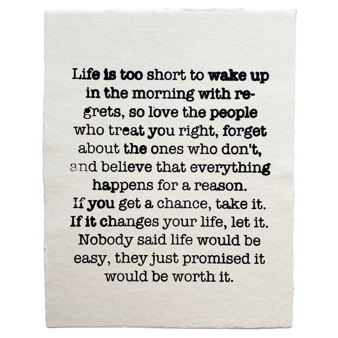 ‘life is too short' handmade paper print