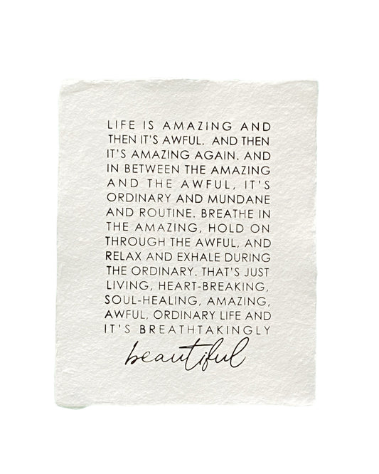 'life is amazing' handmade paper print